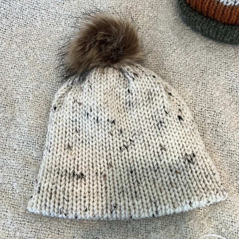 Handmade Knit Baby Beanie Set of 2, Soft Acrylic, Oatmeal Tweed & Pumpkin